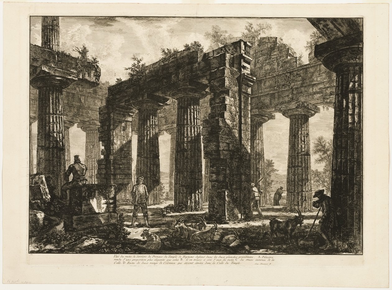 Bakifrån av resterna av pronaos av Neptunustemplet, ritade i de två föregående plåtarna, från olika vyer av Paestum av Giovanni Battista Piranesi