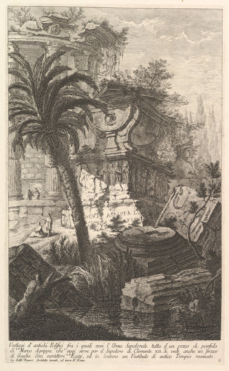 Rester av antika byggnader, bland vilka står Marcus Agrippas gravurna, ca. 1750. av Giovanni Battista Piranesi