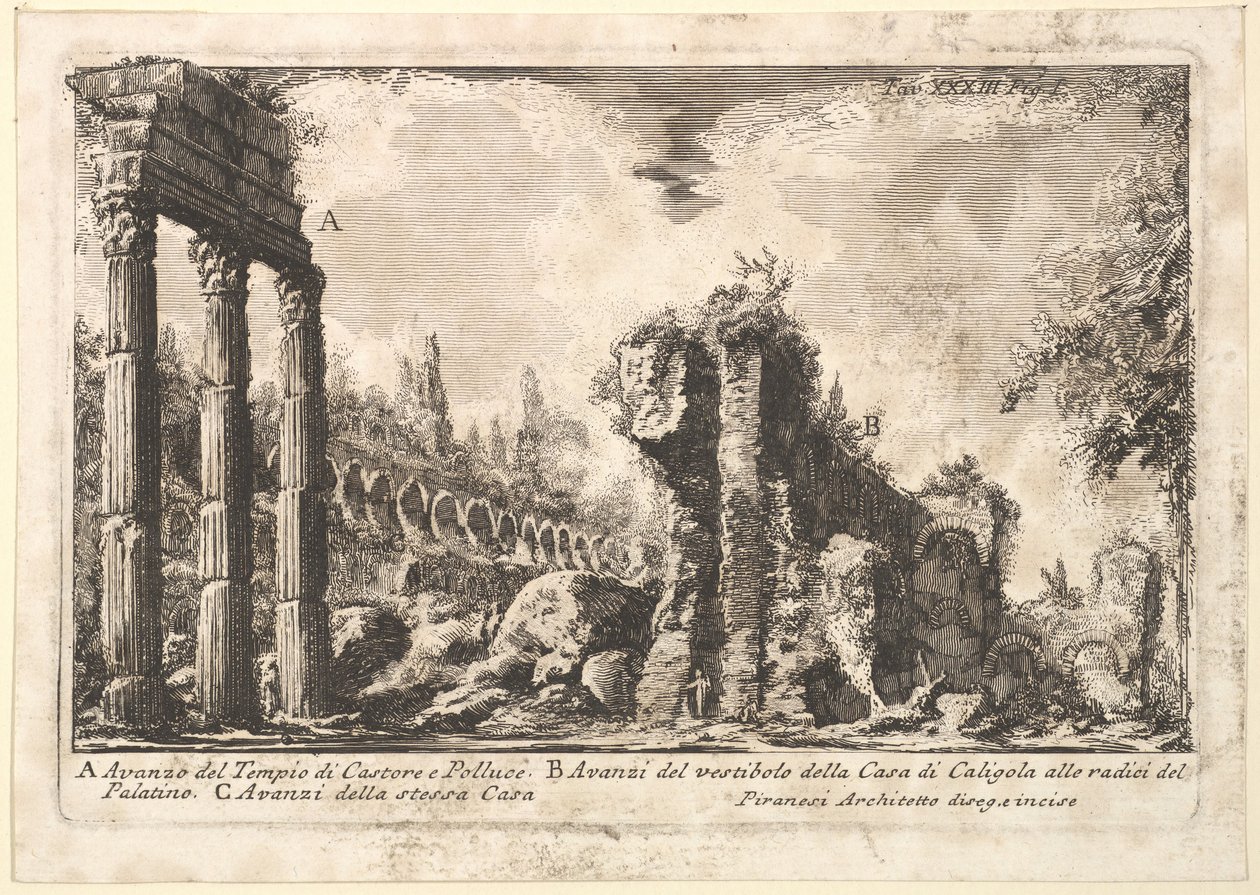 Rester av Castor och Pollux tempel. . . Avanzo del Tempio di Castore e P..., 1700-tal. av Giovanni Battista Piranesi
