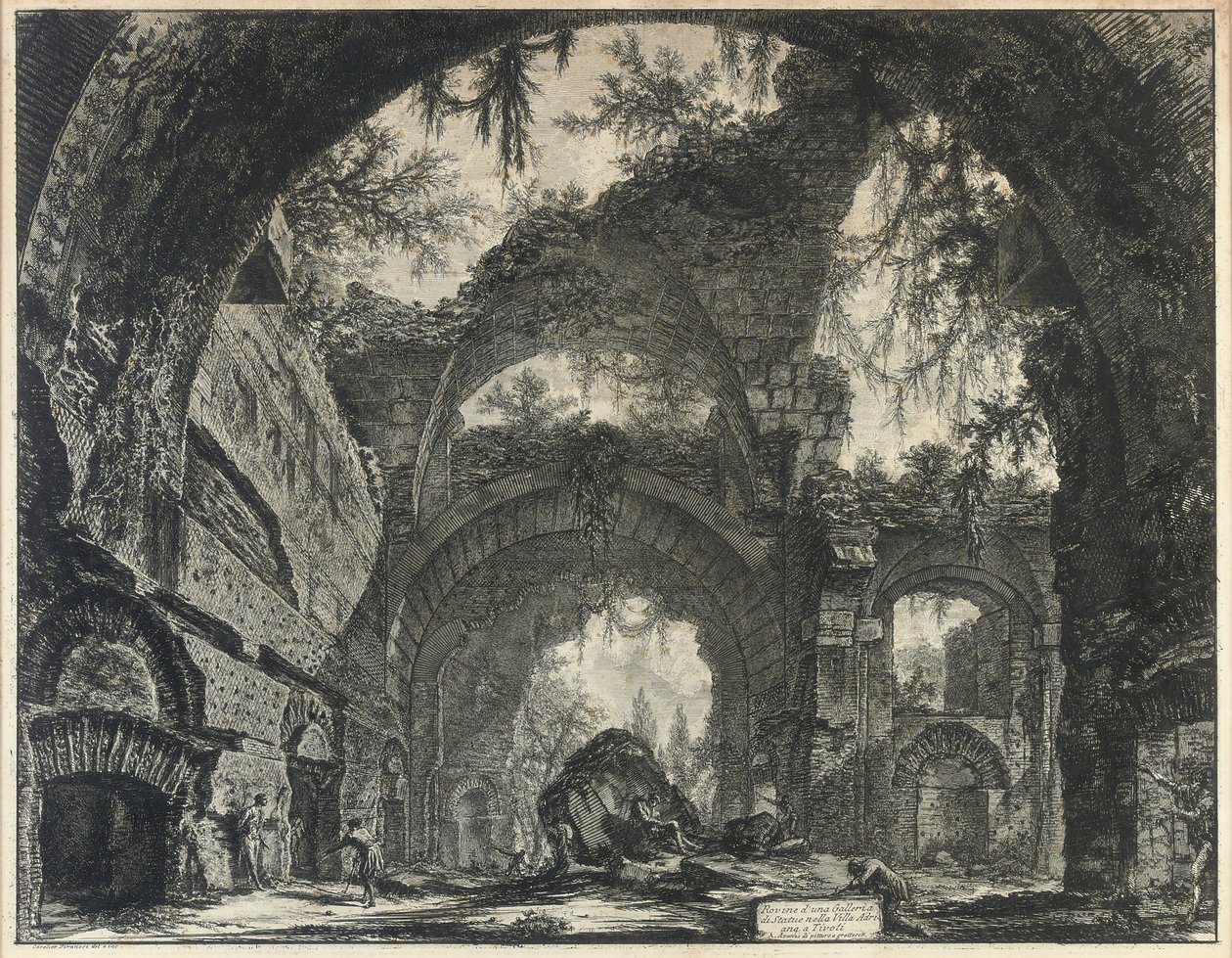 Ruinerna av ett galleri med statyer i Hadrianus villa i Tivoli av Giovanni Battista Piranesi