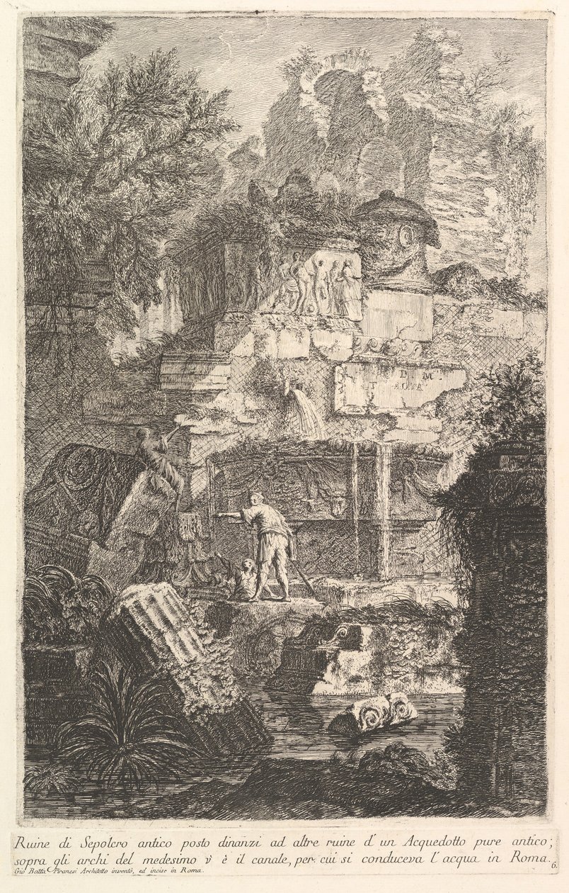 Ruinerna av en gammal grav framför ruinerna av en gammal akvedukt Ruine di Sepolcro a..., ca. 1750. av Giovanni Battista Piranesi