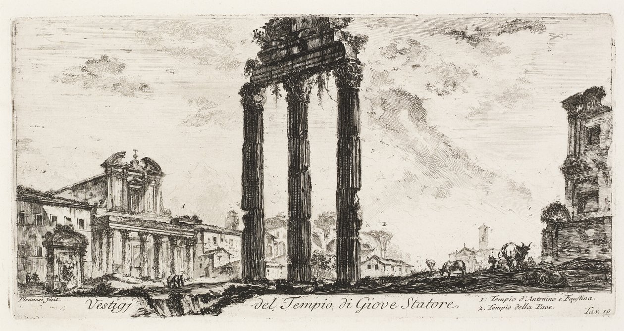 Ruinerna av Temple of Jupiter Stator [Jupiter the Supporter]. 1. Antoninus och Faustinas tempel. 2. Fredens tempel, skylt 10 från Some Views of Triumphal Arches and other monuments av Giovanni Battista Piranesi