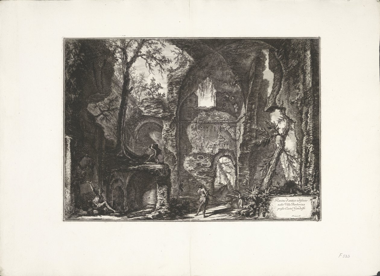 Ruin i Villa Barberini Ruinerna av en gammal byggnad i Villa Barberina vid Castel Gandolfo (titel på objektet) Archeologische vondsten uit Albano en Castel Gandolfo (serietitel) Antikviteter från Albano och Castel Gandolfo (serietitel) av Giovanni Battista Piranesi