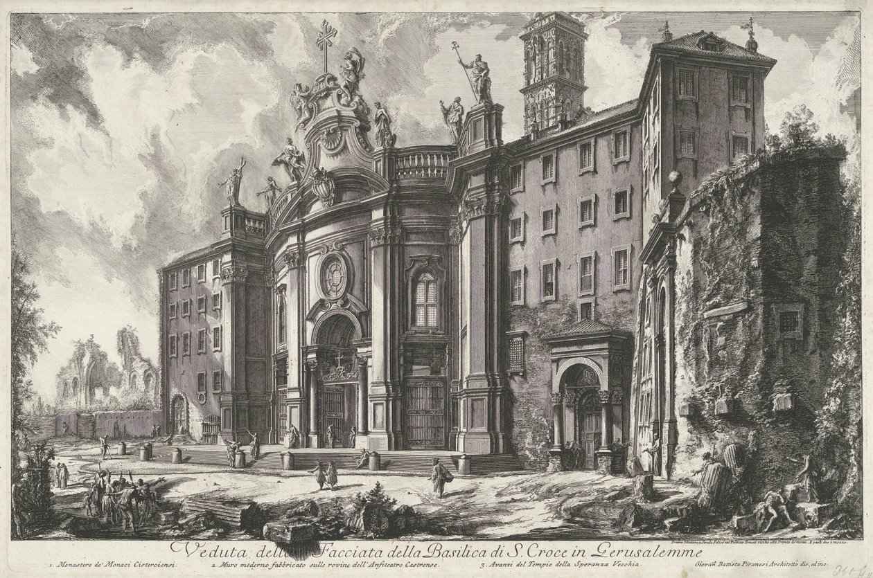 Santa Croce i Gerusalemme te Rom Vy över fasaden av basilikan S. Croce i Gerusalemme (titel på objektet) Gezichten op Rome (serietitel) Utsikt över Rom designad och graverad av Giambattista Piranesi-arkitekten Ve (nez) iano (serietitel) av Giovanni Battista Piranesi