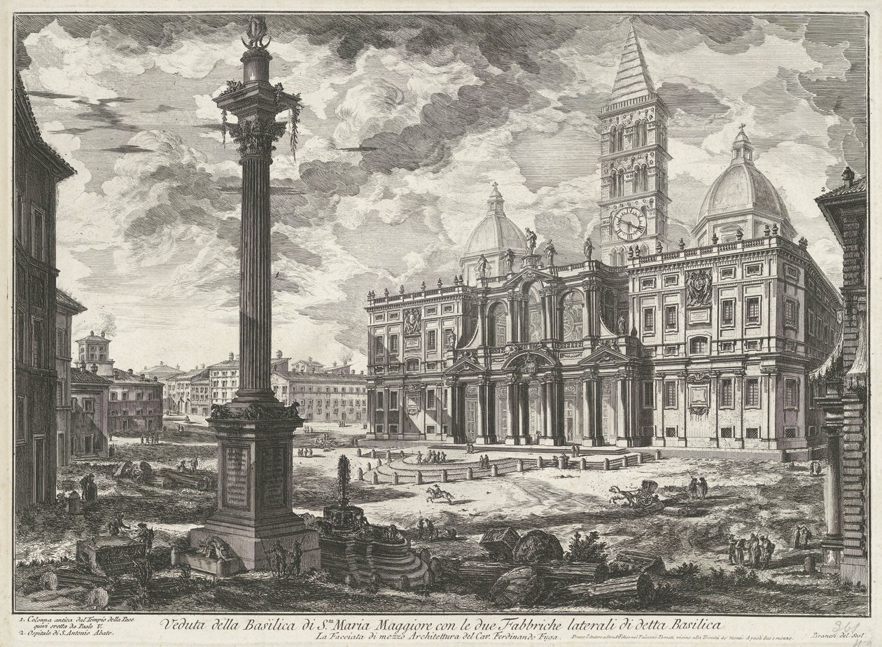 Santa Maria Maggiore i Rom Utsikt över basilikan Santa Maria Maggiore med de två sidofabrikerna av nämnda basilika (titel på objektet) Gezichten op Rome (serietitel) Utsikt över Rom designad och graverad av Giambattista Piranesi-arkitekten Ve (nez) bl.a av Giovanni Battista Piranesi