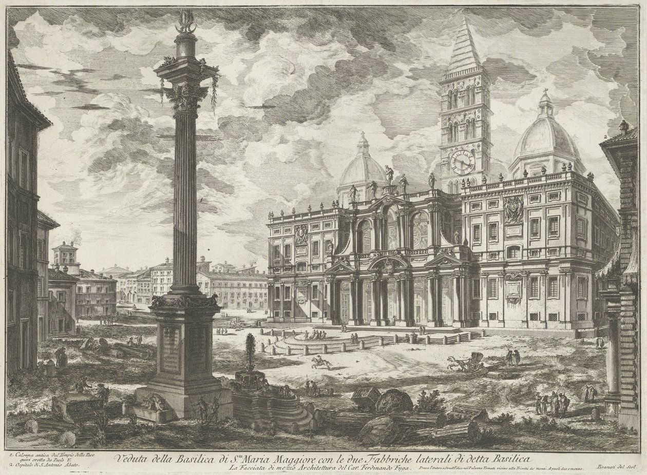 Santa Maria Maggiore i Rom Utsikt över basilikan Santa Maria Maggiore med de två sidobyggnaderna av nämnda basilikan (titel på objektet) Gezichten op Rome (serietitel) Vy över Rom ritade och graverade av Giambattista Piranesi-arkitekten Ve(nez)ia av Giovanni Battista Piranesi