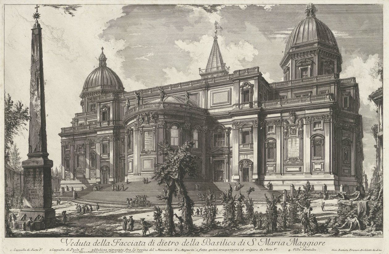 Santa Maria Maggiore i Rom Vy över den bakre fasaden av basilikan S. Maria Maggiore (titel på objektet) Gezichten op Rome (serietitel) Utsikt över Rom designad och graverad av Giambattista Piranesi-arkitekten Ve (nez) iano (serietitel) av Giovanni Battista Piranesi