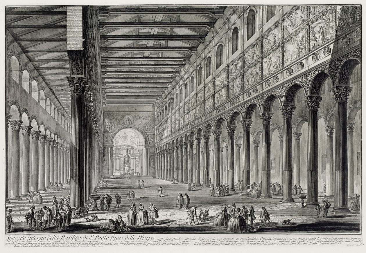 Genomskärning av interiören i basilikan San Paolo fuori le Mura (ur: Vedute di Roma) av Giovanni Battista Piranesi