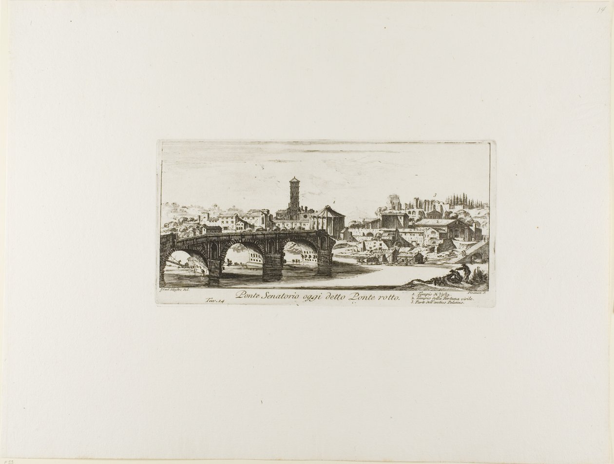 Senatorial Bridge, idag kallad Ponte Rotto [den trasiga bron]. 1. Templet för Vesta. 2. Fortuna Virilis-templet. 3. Del av det antika Palatine, plansch 14 från Some Views of Triumphal Arches and other Monuments av Giovanni Battista Piranesi