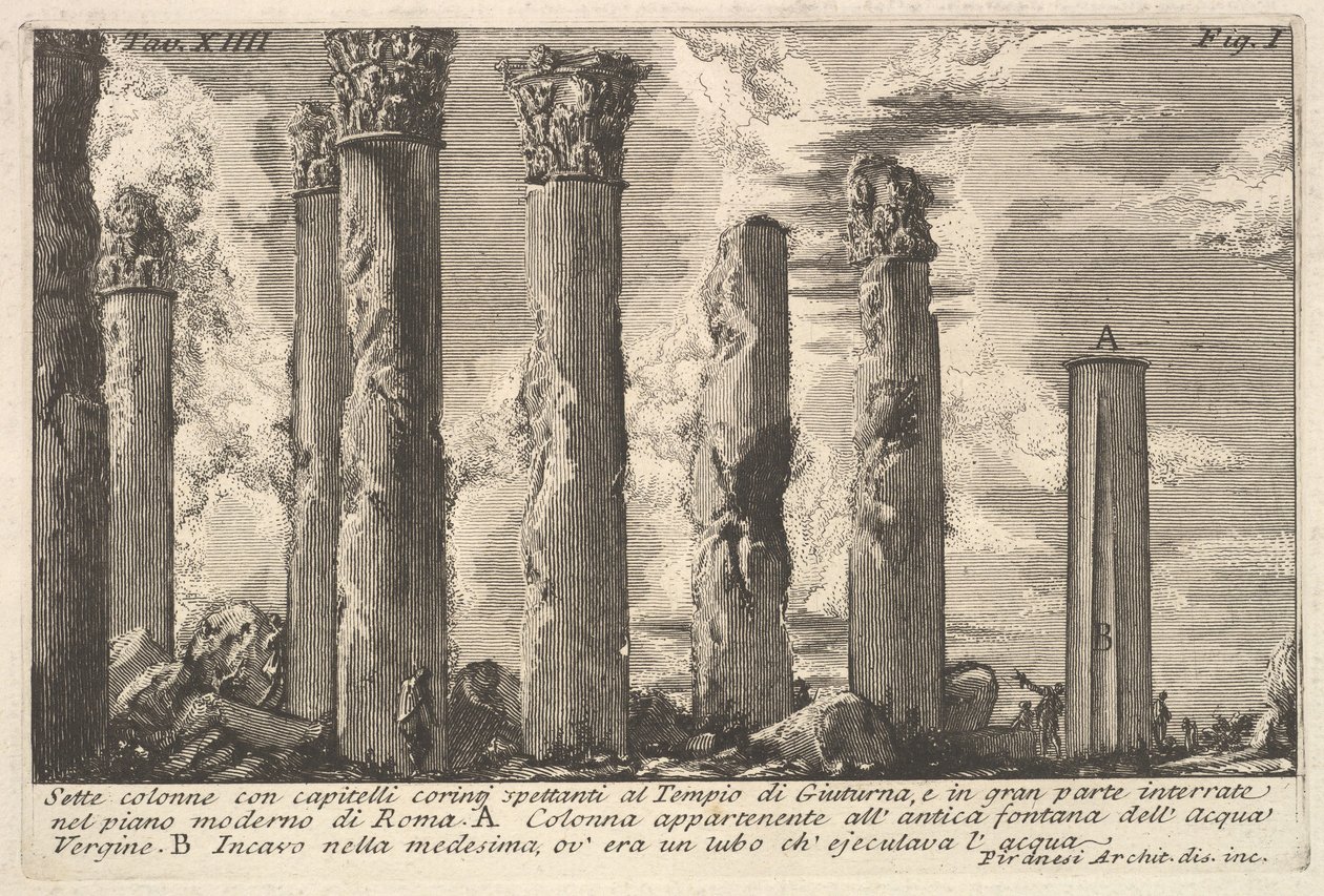 Sju kolumner i Juturnatemplet med korintiska huvudstäder. . . Sette kolon..., 1700-tal. av Giovanni Battista Piranesi