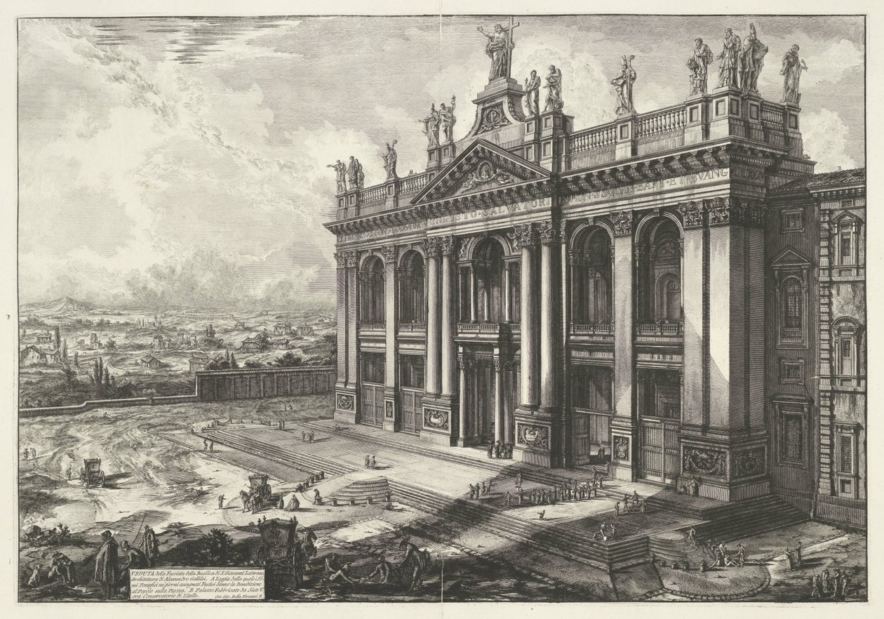 Sint-Jan van Lateranen i Rom Vy över fasaden av basilikan S. Giovanni Laterano (...) (titel på objektet) Gezichten op Rome (serietitel) Utsikt över Rom designad och graverad av Giambattista Piranesi-arkitekten Ve (nez) iano (serietitel) av Giovanni Battista Piranesi