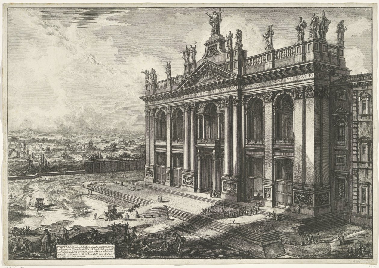 Sint-Jan van Lateranen i Rom Utsikt över fasaden av basilikan S. Giovanni Lateran (...) (titel på objektet) Gezichten op Rome (serietitel) Utsikter över Rom tecknade och graverade av Giambattista Piranesi-arkitekten Ve(nez)iano (serietitel) av Giovanni Battista Piranesi