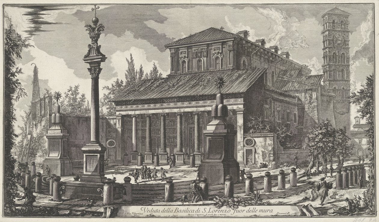 Sint-Laurens buiten de Muren te Rom Utsikt över basilikan San Lorenzo utanför murarna (titel på objektet) Gezichten op Rome (serietitel) Utsikter över Rom tecknade och graverade av Giambattista Piranesi-arkitekten Ve(nez)iano (serietitel) av Giovanni Battista Piranesi