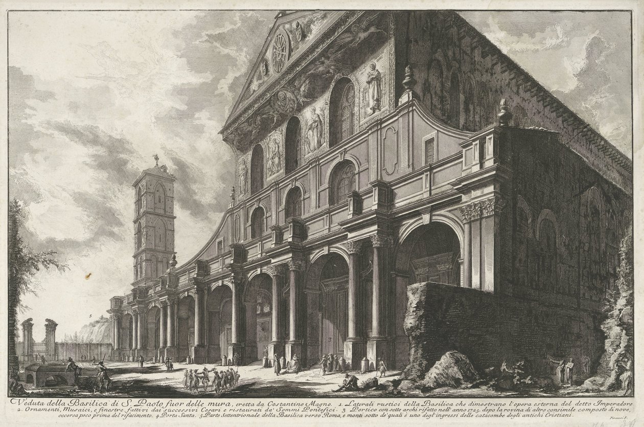 Sint-Paulus buiten de Muren te Rom Utsikt över St. Paul-basilikan utanför murarna, byggd av Konstantin den store (titel på objektet) Gezichten op Rome (serietitel) Utsikter över Rom tecknade och graverade av Giambattista Piranesi-arkitekten Ve(nez)iano (al av Giovanni Battista Piranesi
