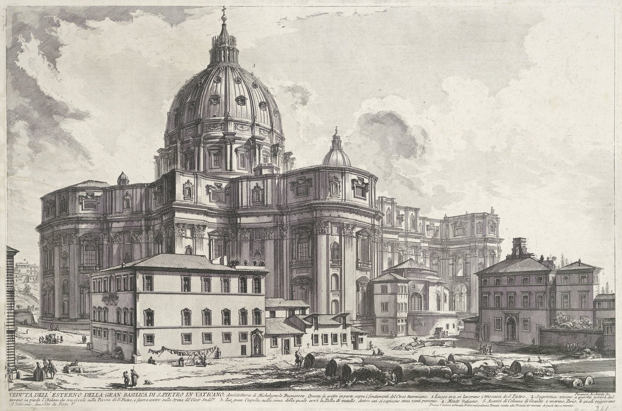 Sint-Pietersbasiliek vanaf sakristiantorget Vy över utsidan av den stora Peterskyrkan i Vatikanen (titel på objektet) Gezichten op Rome (serietitel) Utsikt över Rom designad och graverad av Giambattista Piranesi-arkitekten Ve (nez) iano (ser) av Giovanni Battista Piranesi