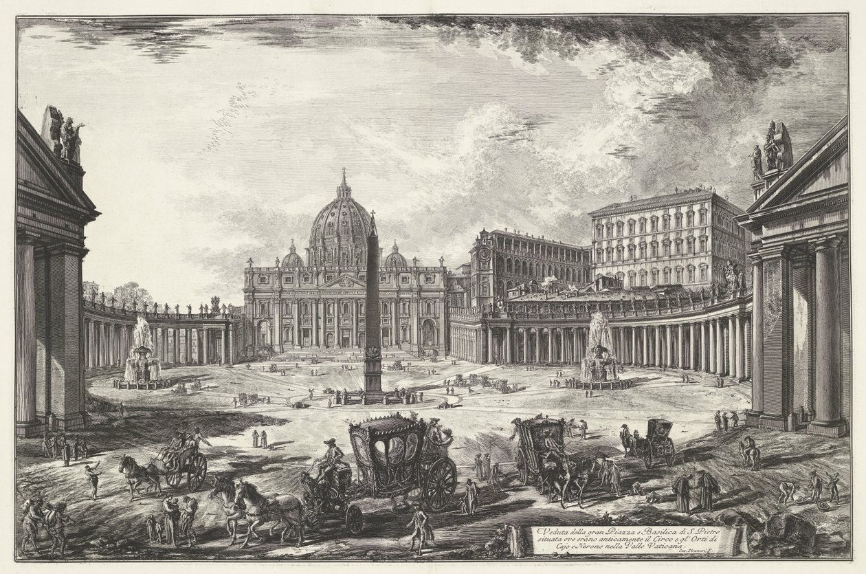 Sint-Pietersplein med de Sint-Pietersbasiliek te Vaticaanstad Utsikt över det stora torget och Peterskyrkan (...) (titel på objektet) Gezichten op Rome (serietitel) Utsikt över Rom designad och graverad av Giambattista Piranesi-arkitekten Ve (nez) iano (s av Giovanni Battista Piranesi