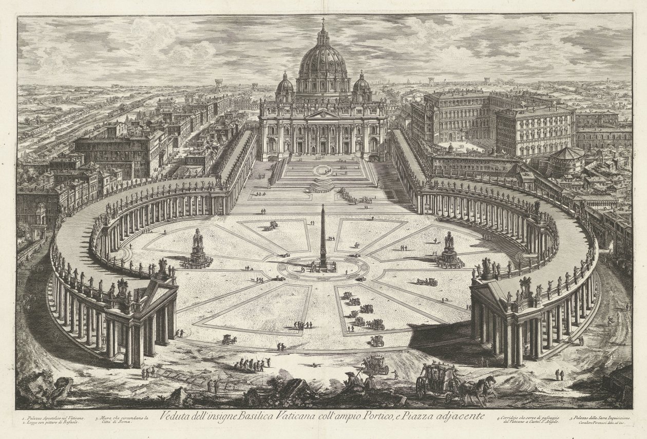 Sint-Pietersplein med de Sint-Pietersbasiliek te Vaticaanstad Utsikt över den berömda Vatikanbasilikan med dess stora portik och intilliggande Piazza (titel på objektet) Gezichten op Rome (serietitel) Utsikt över Rom designad och graverad av Giambattista P av Giovanni Battista Piranesi