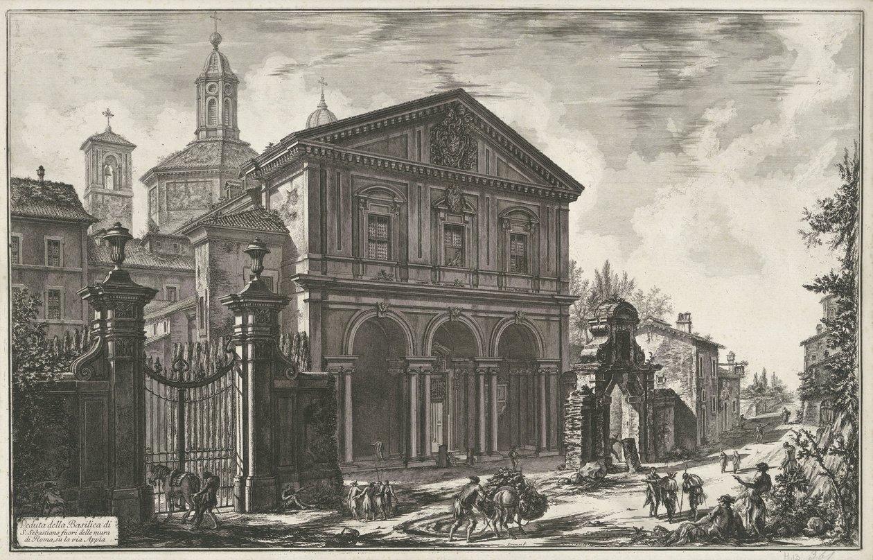 Sint-Sebastiaan buiten de Muren te Rom Utsikt över basilikan S. Sebastiano utanför Roms murar, på Via Appia (titel på objektet) Gezichten op Rome (serietitel) Utsikt över Rom designad och graverad av Giambattista Piranesi-arkitekten Ve (nez) ian av Giovanni Battista Piranesi