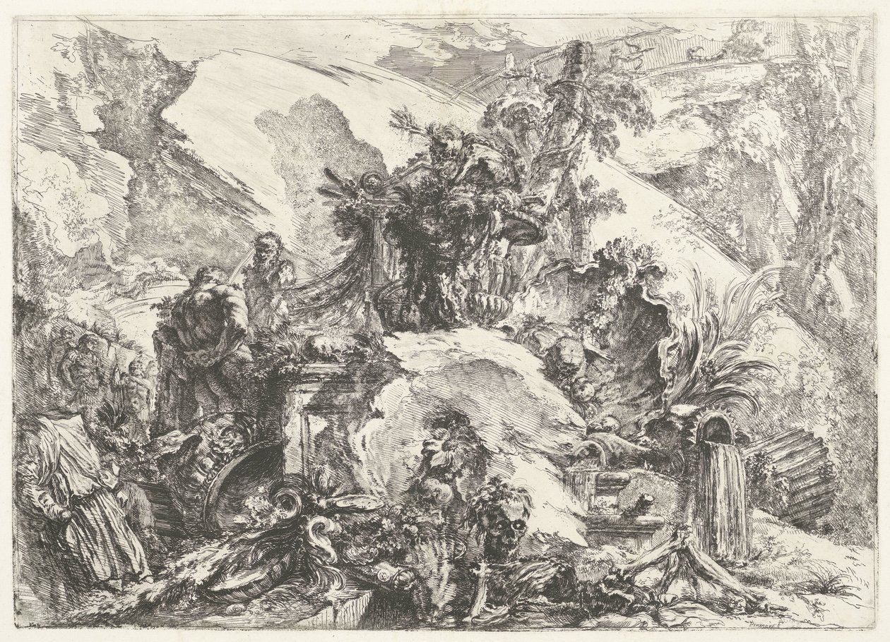 Skelett och skulpturer Capricci decorativi (tidigare serietitel) Grotteschi (serietitel) av Giovanni Battista Piranesi