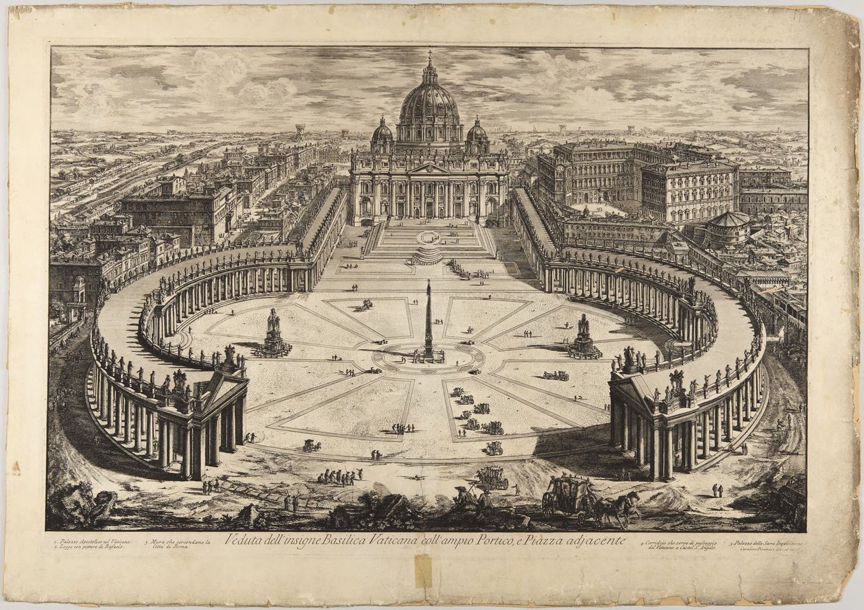 Peterskyrkan med förgård och kolonnader: fågelperspektiv av Giovanni Battista Piranesi