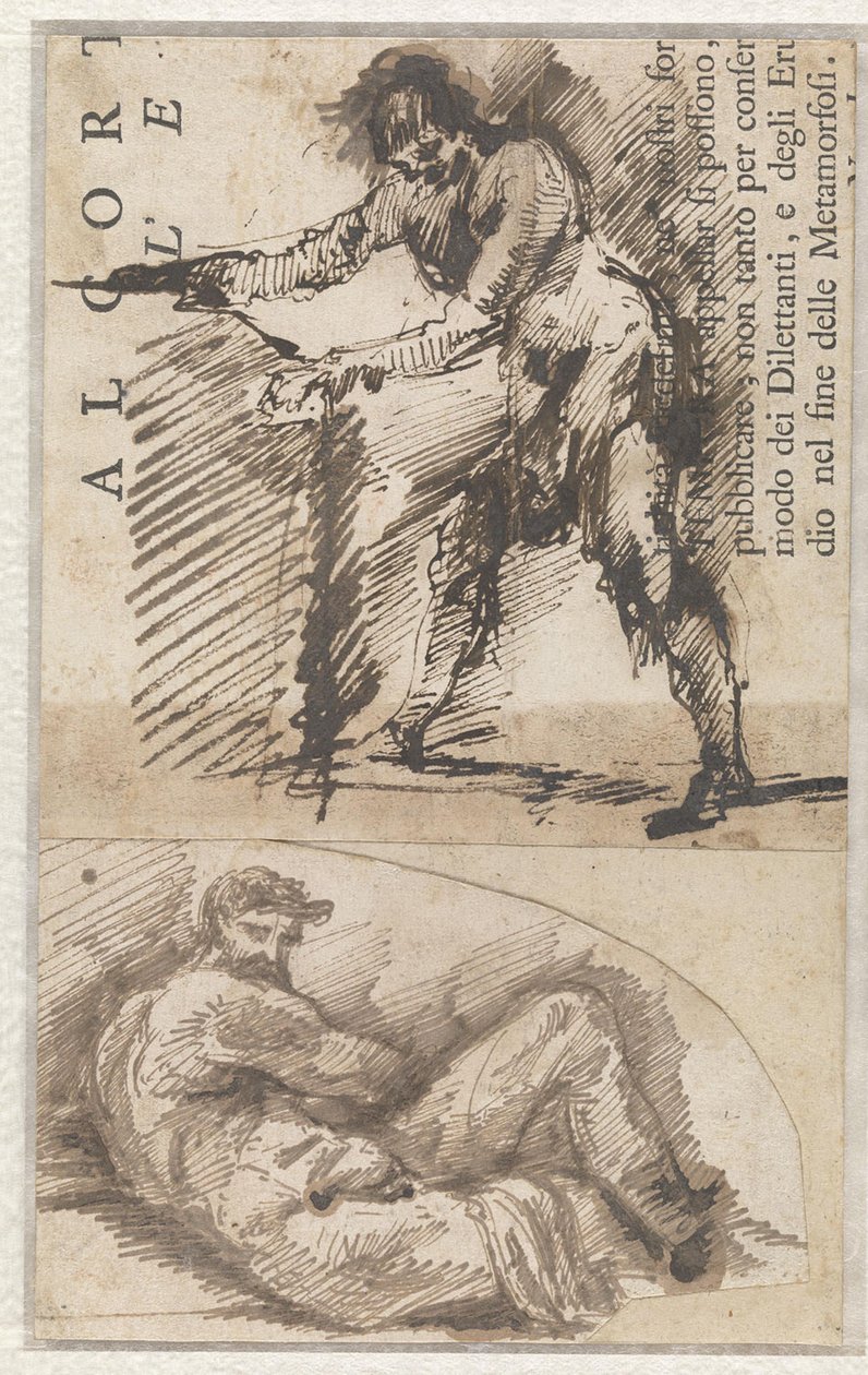 Studie av en stående manlig figur som mäter upp en bas (a). Studie av Michelangelos ”Il Giorno” (b) av Giovanni Battista Piranesi