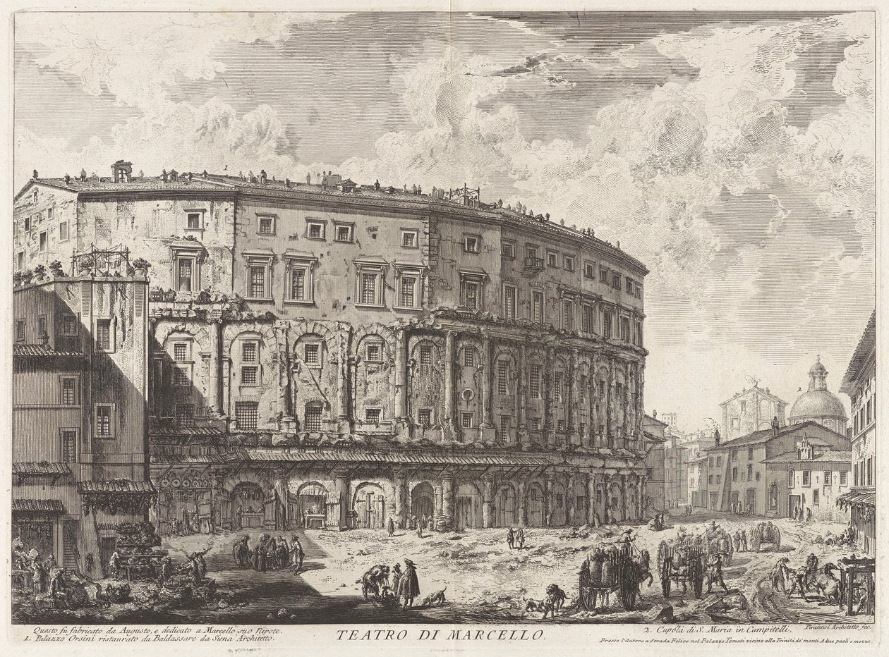 Marcellus teater. Denna byggdes av Augustus, och tillägnad hans brorson Marcellus (The Theatre of Marcellus. Denna byggnad byggdes av Augustus, och tillägnad hans brorson Marcellus), från Vedute di Roma (Utsikt över Rom) av Giovanni Battista Piranesi