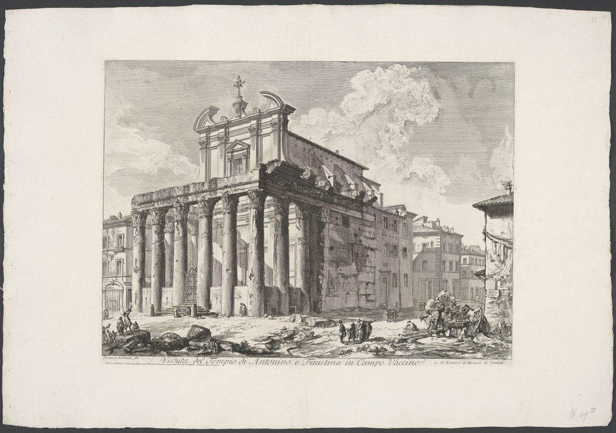 Tempel van Antoninus en Faustina te Rom Utsikt över Antoninus och Faustinas tempel i Campo Vaccino (titel på objektet) Gezichten op Rome (serietitel) Utsikt över Rom designad och graverad av Giambattista Piranesi-arkitekten Ve (nez) iano (serietitel) av Giovanni Battista Piranesi