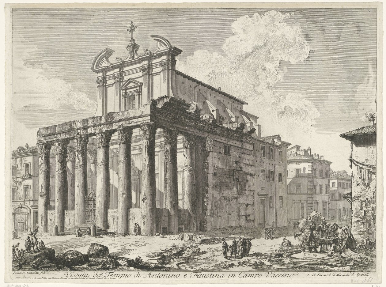 Tempel van Antoninus en Faustina te Rom Utsikt över Antoninus och Faustinas tempel i Campo Vaccino (titel på objektet) Gezichten op Rome (serietitel) Utsikt över Rom designad och graverad av Giambattista Piranesi-arkitekten Ve (nez) iano (serietitel) av Giovanni Battista Piranesi