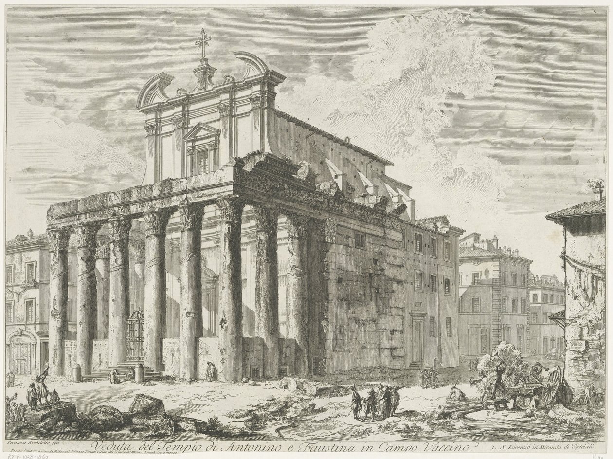 Tempel van Antoninus i Faustina te Rom Utsikt över Antoninus och Faustinas tempel i Campo Vaccino (titel på objektet) Gezichten op Rome (serietitel) Utsikter över Rom tecknade och graverade av Giambattista Piranesi-arkitekten Ve(nez)iano (serietitel) av Giovanni Battista Piranesi