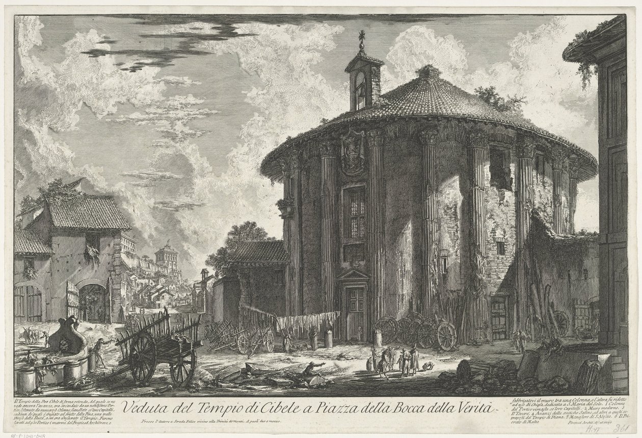 Tempel van Hercules Invictus i Rom Utsikt över Cybele-templet på Piazza della Bocca della Verità (titel på objektet) Gezichten op Rome (serietitel) Utsikt över Rom designad och graverad av Giambattista Piranesi-arkitekten Ve (nez) iano (serietitel) av Giovanni Battista Piranesi