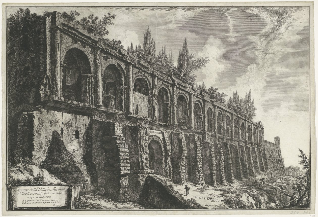 Tempel van Hercules Victor t och Tivoli Rester av Villa di Mecenate i Tivoli, byggda av travertiner av osäkra verk (titel på objekt) Gezichten op Rome (serietitel) Utsikt över Rom designad och graverad av Giambattista Piranesi-arkitekten Ve (nez) iano ( av Giovanni Battista Piranesi