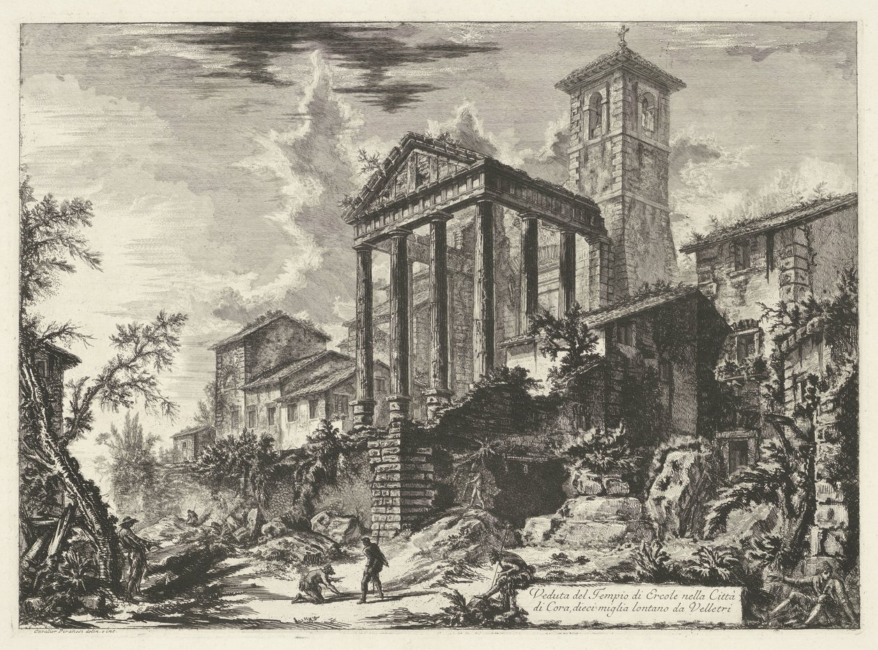 Tempel van Hercules te Cori Utsikt över Herkulestemplet i staden Cora, tio mil bort från Velletri (titel på objektet) Gezichten op Rome (serietitel) Utsikt över Rom designad och graverad av Giambattista Piranesi-arkitekten Ve (nez) iano (serie t av Giovanni Battista Piranesi