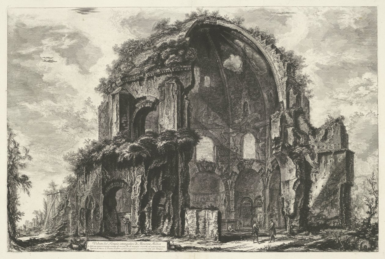 Tempel van Minerva Medica te Rom Utsikt över det åttakantiga templet Minerva Medica (titel på objekt) Gezichten op Rome (serietitel) Utsikter över Rom tecknade och graverade av Giambattista Piranesi-arkitekten Ve(nez)iano (serietitel) av Giovanni Battista Piranesi