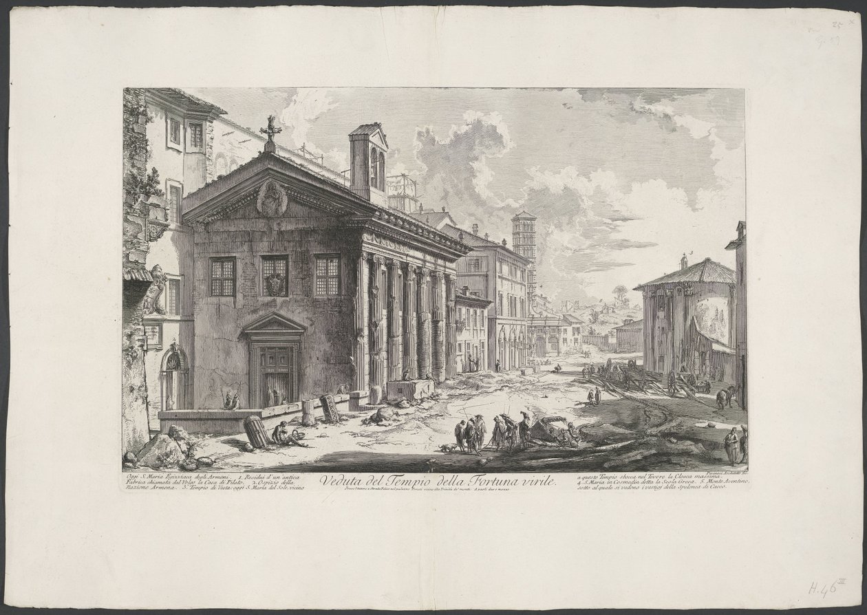 Tempel van Portunus te Rom Utsikt över Temple of Fortuna Virile (titel på objekt) Gezichten op Rome (serietitel) Utsikter över Rom tecknade och graverade av Giambattista Piranesi-arkitekten Ve(nez)iano (serietitel) av Giovanni Battista Piranesi