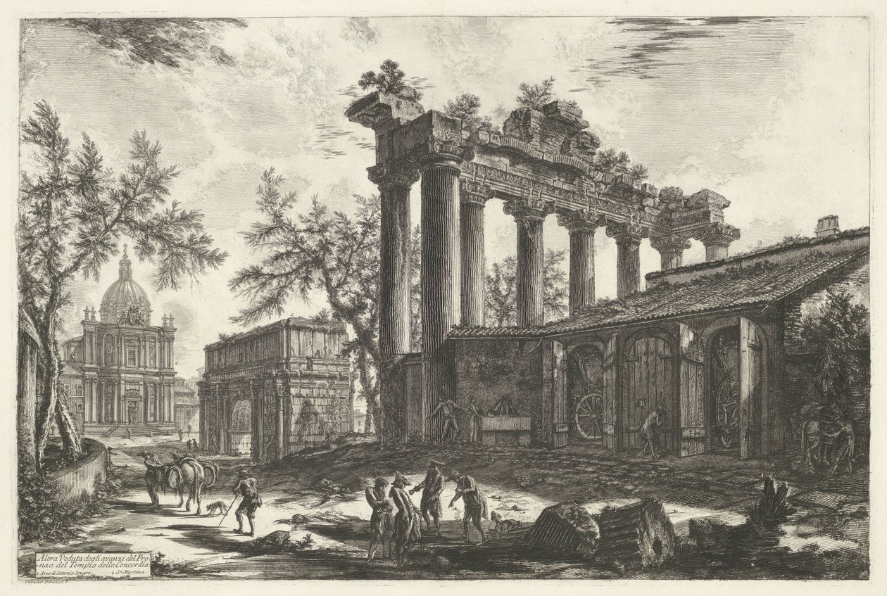 Tempel van Saturnus i Rom En annan vy av resterna av Pronaos från Concordiatemplet (titel på objektet) Gezichten op Rome (serietitel) Utsikter över Rom tecknade och graverade av Giambattista Piranesi-arkitekten Ve(nez)iano (serietitel) av Giovanni Battista Piranesi