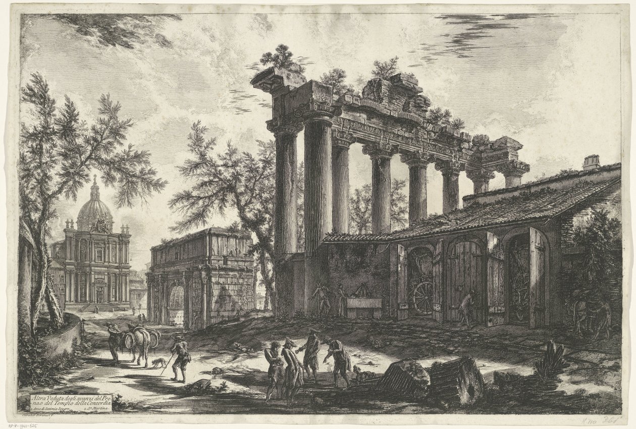 Tempel van Saturnus i Rom En annan vy av resterna av Pronaos från Concordiatemplet (titel på objektet) Gezichten op Rome (serietitel) Utsikt över Rom designad och graverad av Giambattista Piranesi-arkitekten Ve (nez) iano (serietitel) av Giovanni Battista Piranesi