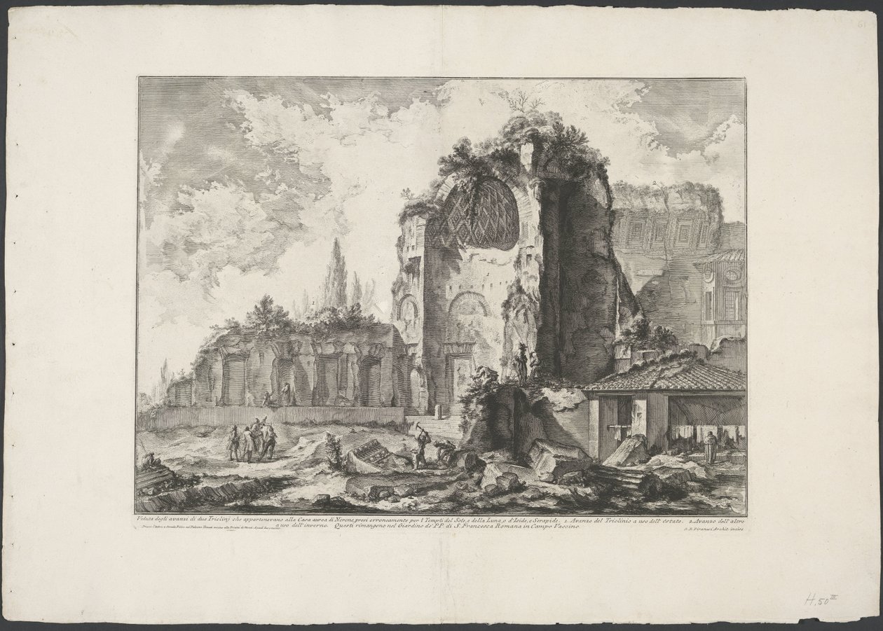 Tempel van Venus en Roma i Rom Vy över resterna av två Tricliniums som tillhörde Neros gyllene hus (...) (titel på objektet) Gezichten op Rome (serietitel) Vy över Rom ritade och graverade av Giambattista Piranesi-arkitekten Ve(nez)iano av Giovanni Battista Piranesi