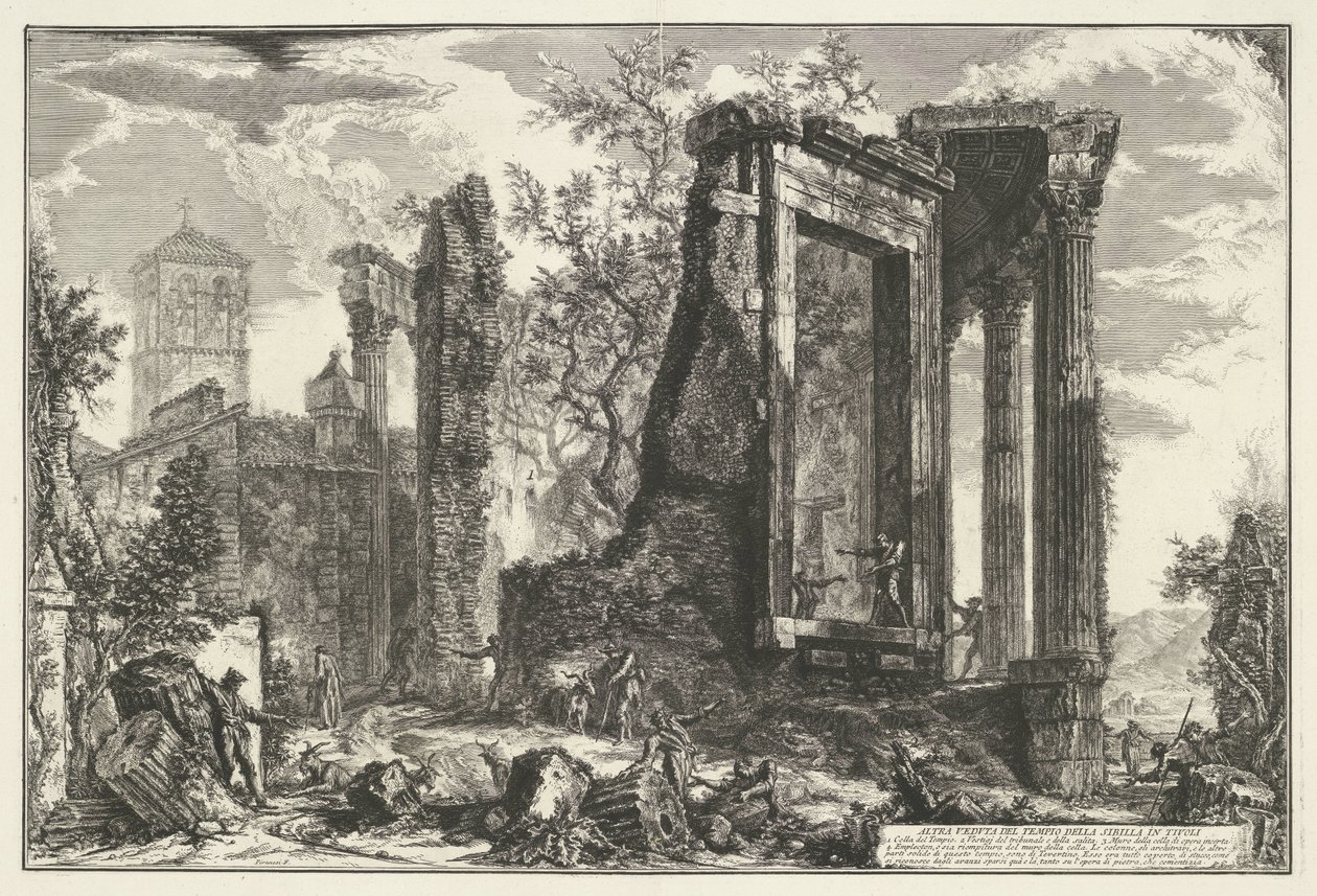 Tempel van Vesta en de Tempel van de Tiburtijnse Sibille i Tivoli En annan utsikt över Sibylltemplet i Tivoli (titel på objekt) Gezichten op Rome (serietitel) Utsikt över Rom designad och graverad av Giambattista Piranesi-arkitekten Ve (nez) iano (ser) av Giovanni Battista Piranesi