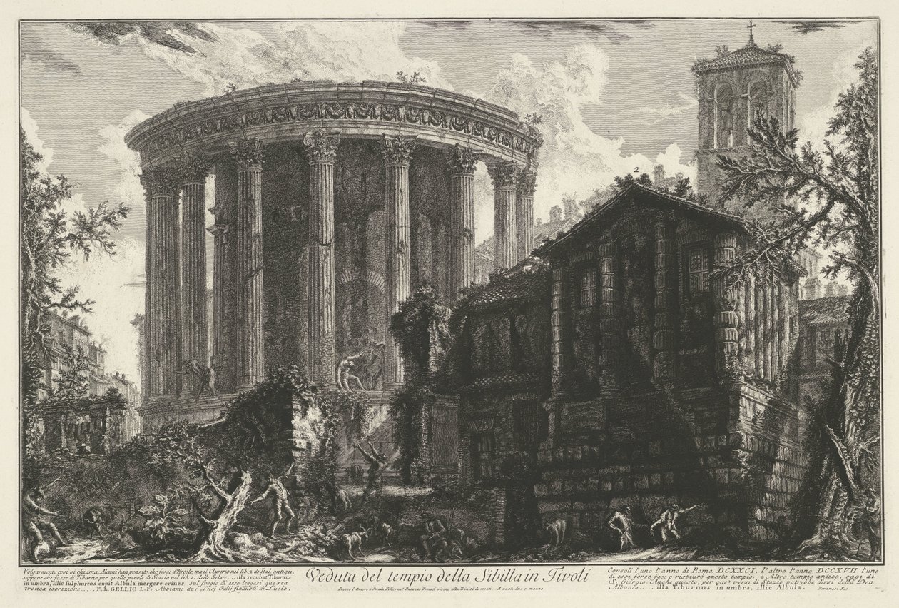 Tempel van Vesta en de Tempel van de Tiburtijnse Sibille i Tivoli Utsikt över sibyllans tempel i Tivoli (titel på objektet) Gezichten op Rome (serietitel) Utsikt över Rom tecknad och graverad av Giambattista Piranesi-arkitekten Ve(nez)iano (serie ti av Giovanni Battista Piranesi