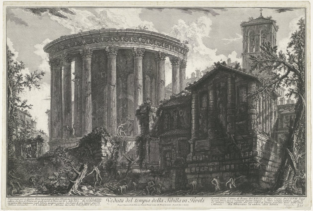 Tempel van Vesta en de Tempel van de Tiburtijnse Sibille i Tivoli Utsikt över sibyllans tempel i Tivoli (titel på objektet) Gezichten op Rome (serietitel) Utsikt över Rom designad och graverad av Giambattista Piranesi-arkitekten Ve (nez) iano (serie ti av Giovanni Battista Piranesi
