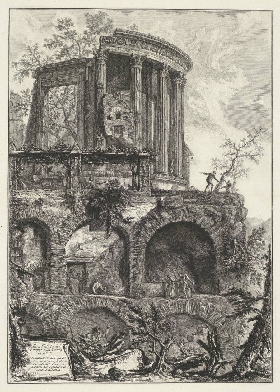 Tempel van Vesta t och Tivoli En annan vy av Sibylltemplet i Tivoli (titel på objekt) Gezichten op Rome (serietitel) Utsikt över Rom designad och graverad av Giambattista Piranesi-arkitekten Ve (nez) iano (serietitel) av Giovanni Battista Piranesi