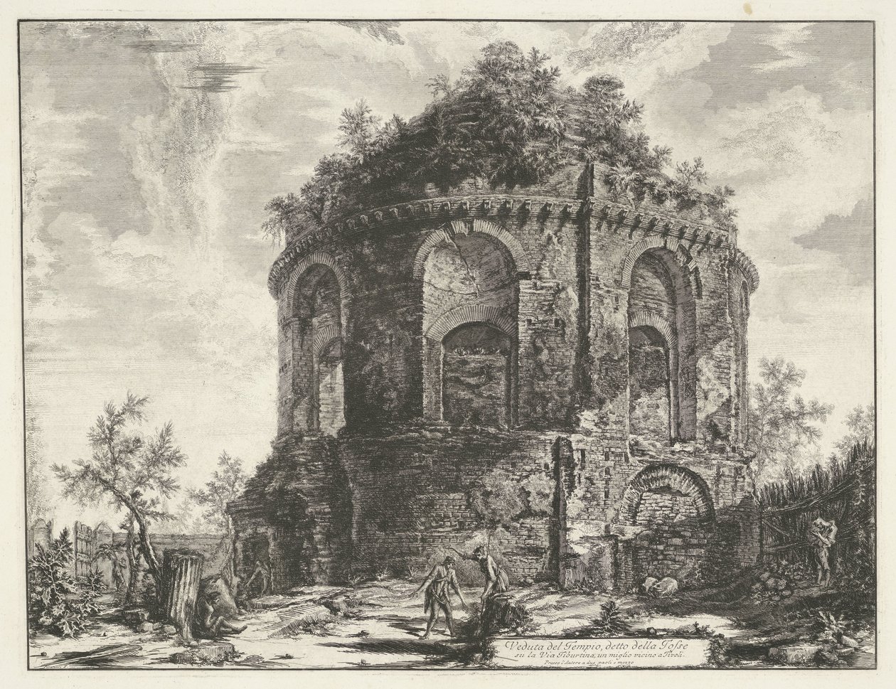 Hostestempel vid Tivoli Utsikt över templet, kallat della Tosse på Via Tiburtina, en mil nära Tivoli (titel på objektet) Gezichten op Rome (serietitel) Utsikt över Rom designad och graverad av Giambattista Piranesi-arkitekten Ve (nez) iano (seri) av Giovanni Battista Piranesi
