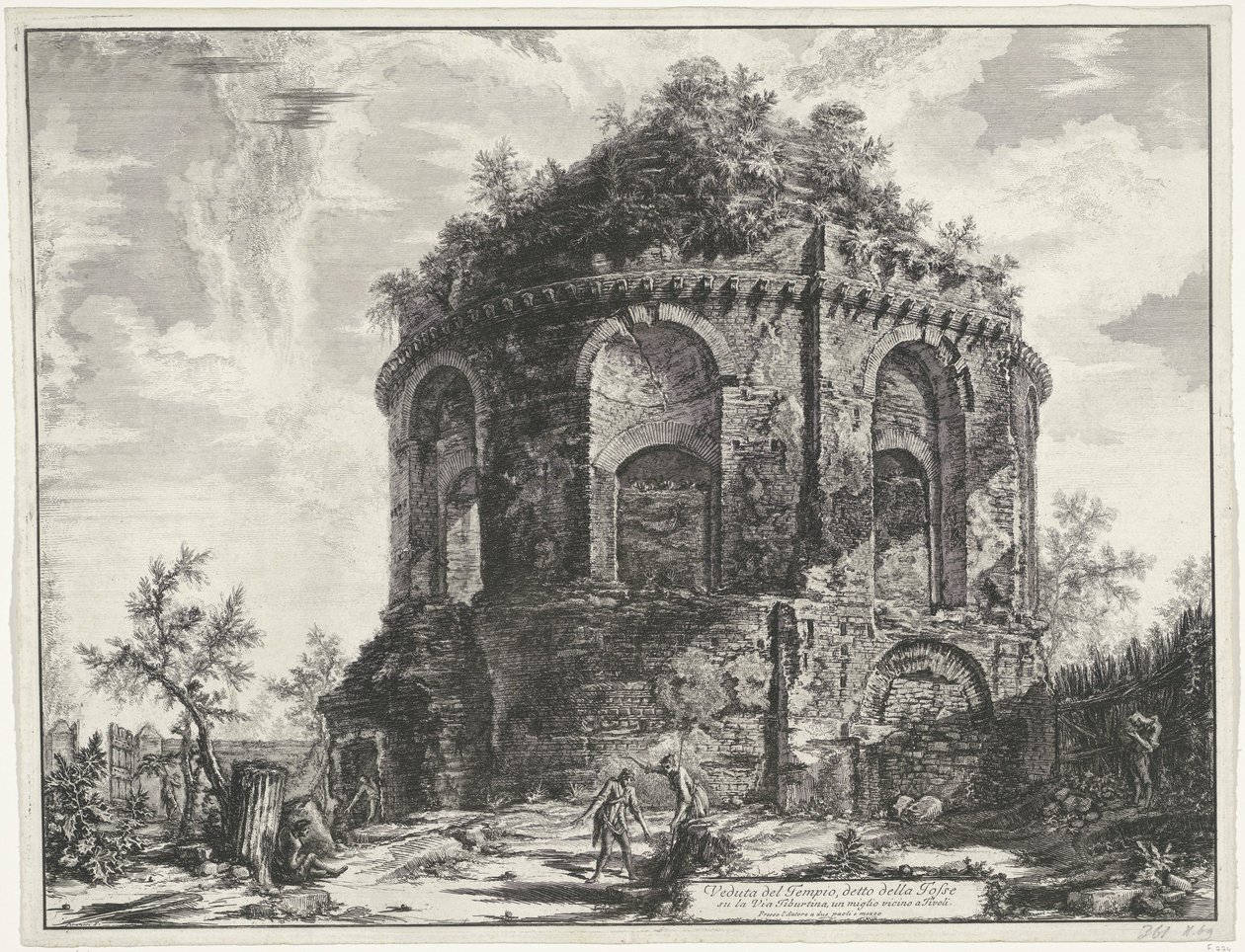 Hostestempel vid Tivoli Utsikt över templet, kallat della Tosse på Via Tiburtina, en mil nära Tivoli (titel på objektet) Gezichten op Rome (serietitel) Utsikt över Rom designad och graverad av Giambattista Piranesi-arkitekten Ve (nez) iano (seri) av Giovanni Battista Piranesi