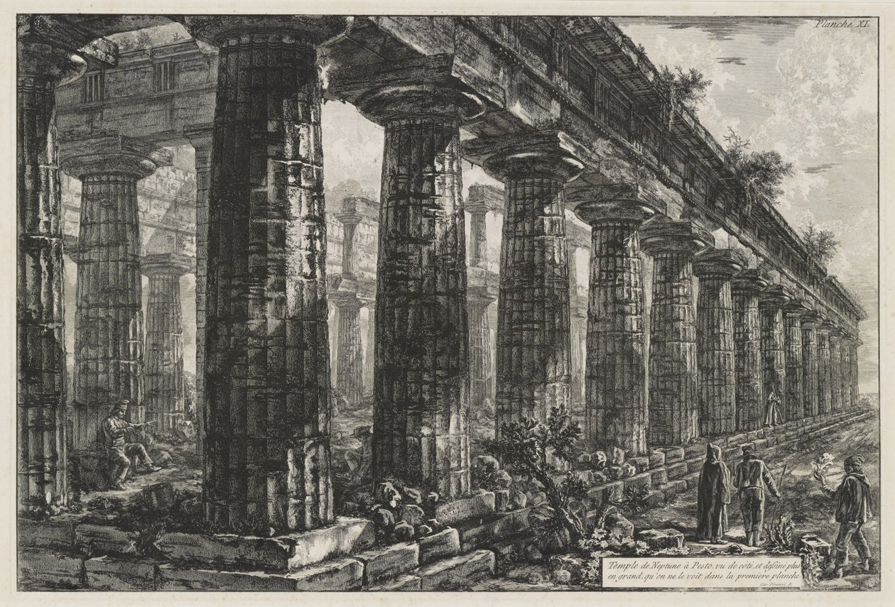 Neptunustemplet i Paestum, sett från sidan och ritat i större skala än vad som syns på den första planschen, ur Différentes vues de ... Pesto (Differen av Giovanni Battista Piranesi