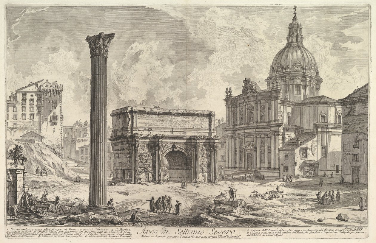 Septimius Severus-bågen, med S. Martina-kyrkan till höger (Arco di Settimio Severo), ur "Vedute di Roma" av Giovanni Battista Piranesi