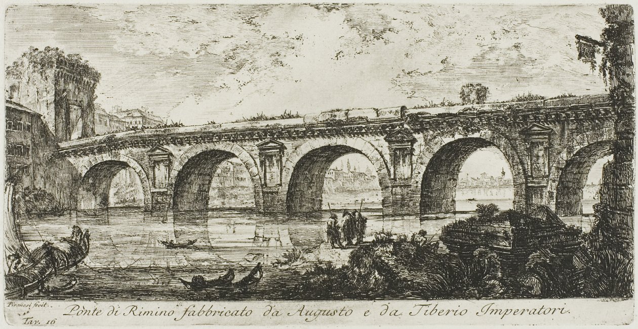 Bron i Rimini byggd av kejsarna Augustus och Tiberius, skylt 16 från Some Views of Triumphal Arches och andra monument av Giovanni Battista Piranesi