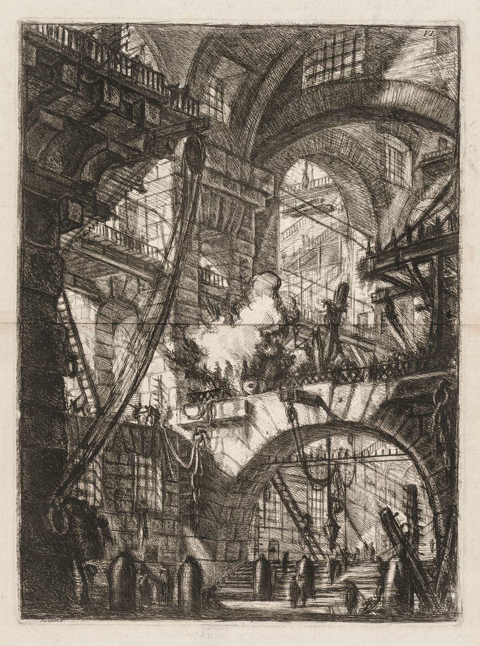 The Prisons: A Perspective of Arches with a Smoking Fire in the Center. av Giovanni Battista Piranesi