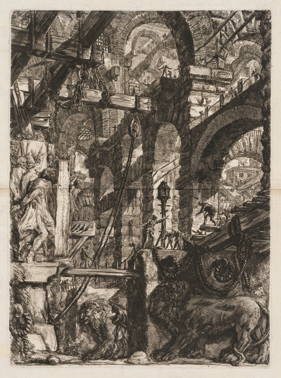 Fängelserna: ett perspektiv på romerska bågar, med två lejon snidade i relief..., 1745-50. av Giovanni Battista Piranesi