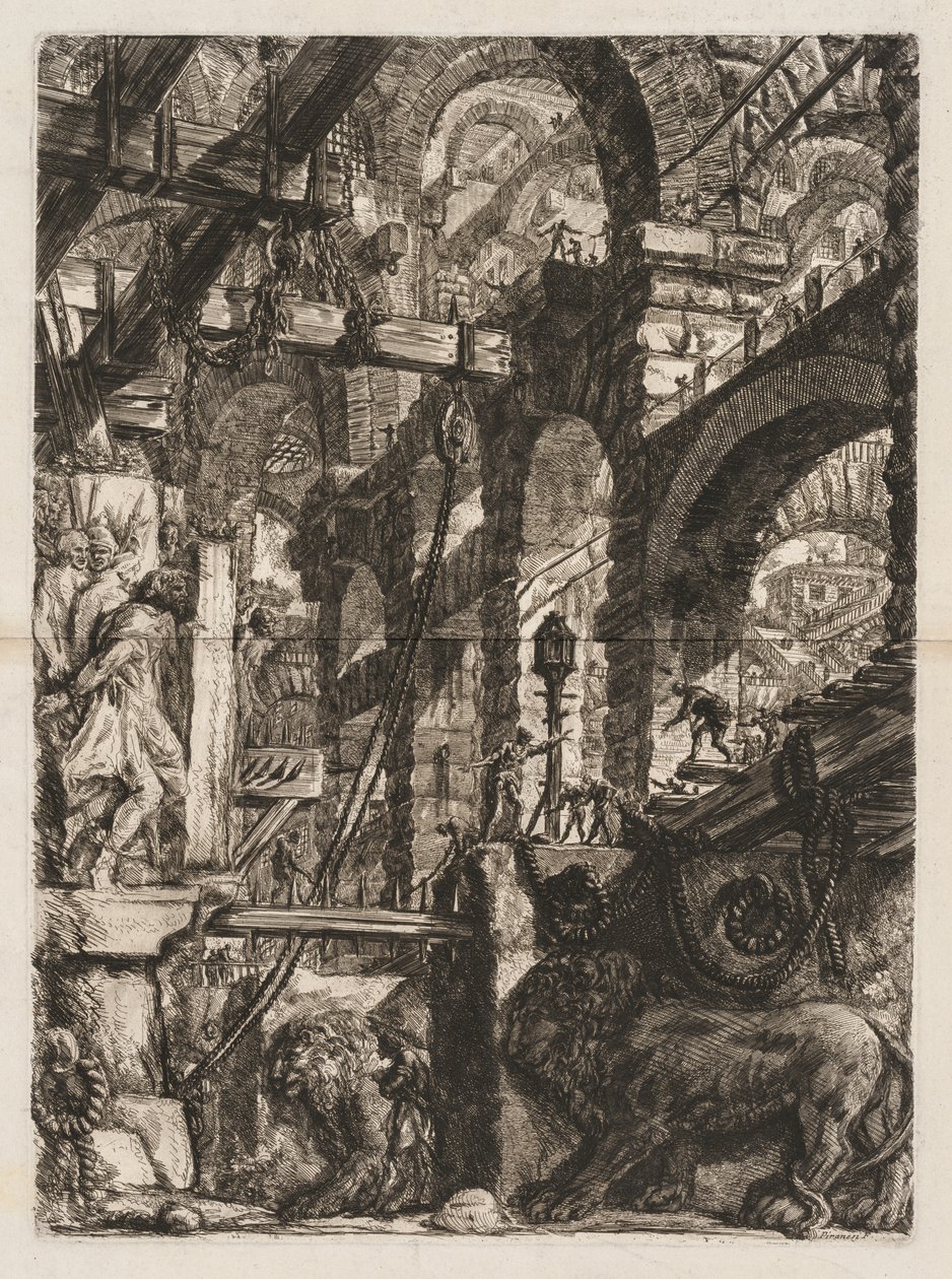 The Prisons: A Perspective of Roman Arches, med två lejon huggna i relief på stenplattor i förgrunden av Giovanni Battista Piranesi