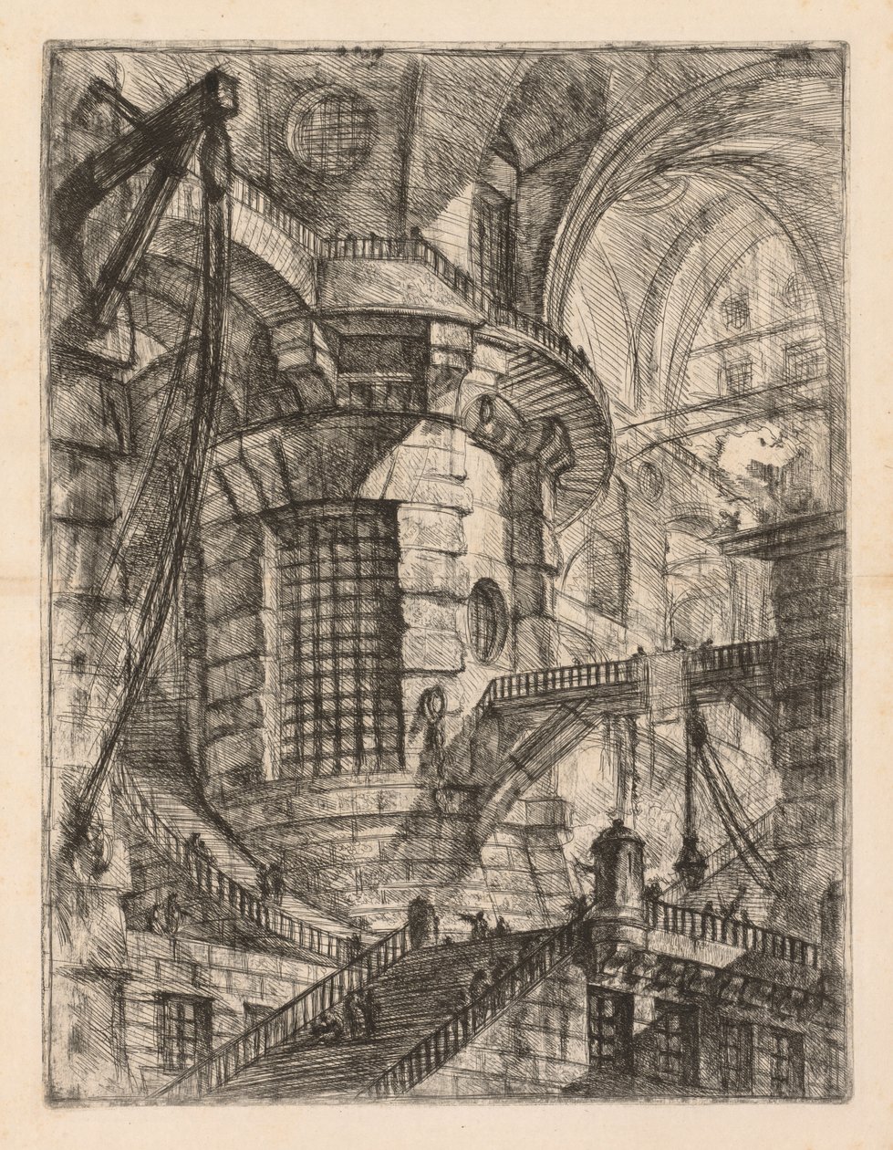 Fängelserna: En välvd byggnad med en central kolumn med gallerfönster, 1745-1750. av Giovanni Battista Piranesi